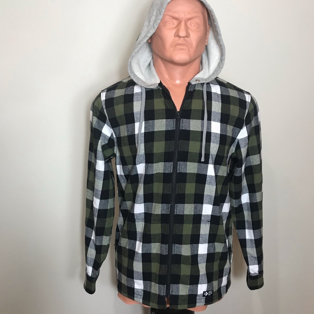 Converse Hooded Shirt Jacket Black Green M AUTHENT - Picture 4 of 5